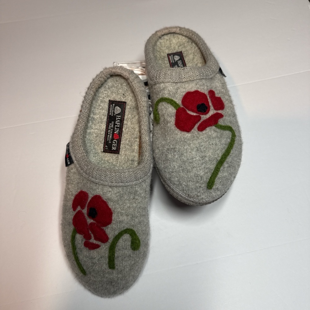 Haflinger Gray Wool Slip-Ons with Red Accent